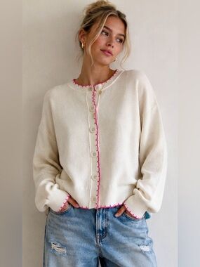 Willow & Wind Cream Cardigan w Pink Stitch Trim